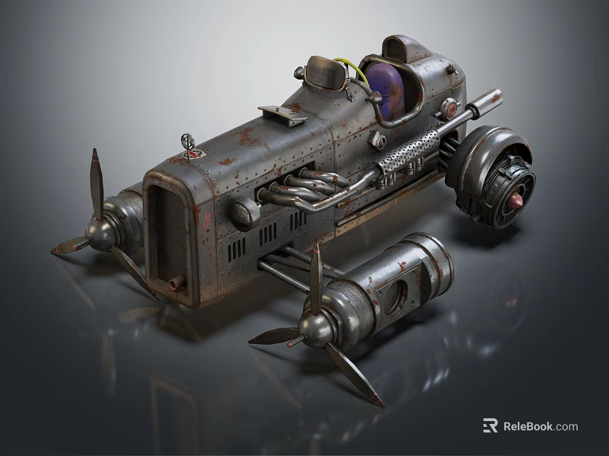 Vintage Race Car With Unique Propellers And Industrial Mechanical Metal Design 3d model 