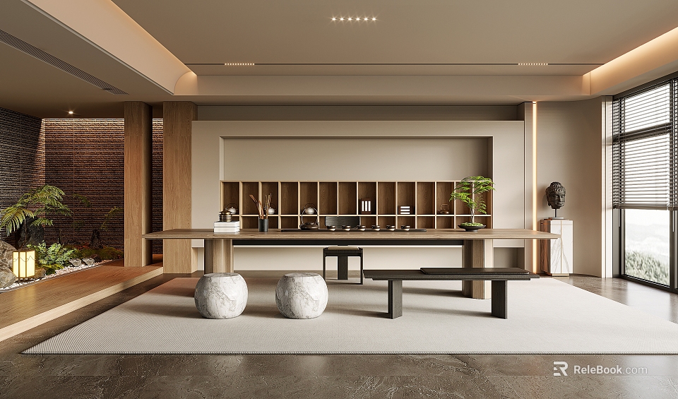 Minimalist Tea Room Interior With Wooden Shelves Green Plants And Stone Stools 3d model 