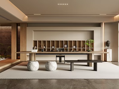 Minimalist Tea Room Interior With Wooden Shelves Green Plants And Stone Stools 3d model