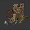 Industrial Scene Components With Stone Tower Gear Mechanism And Wooden Platform