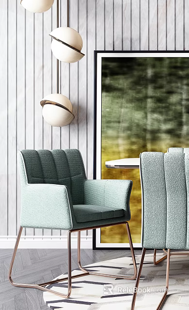 Modern Dining Table Set With Light Green Fabric Chairs Wooden Wall And Pendant Light 3d model 