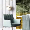 Modern Dining Table Set With Light Green Fabric Chairs Wooden Wall And Pendant Light