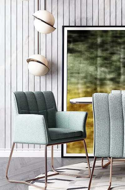 Modern Dining Table Set With Light Green Fabric Chairs Wooden Wall And Pendant Light 3d model
