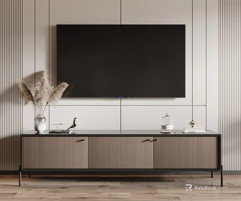 Modern Wooden TV Stand With Black Frame And Decorative Dried Flowers On Striped Wall Background 3d model 