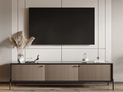 Modern Wooden TV Stand With Black Frame And Decorative Dried Flowers On Striped Wall Background 3d model
