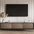 Modern Wooden TV Stand With Black Frame And Decorative Dried Flowers On Striped Wall Background