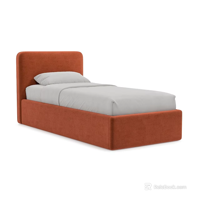 Modern Orange Upholstered Single Bed With Light Gray Mattress And Pillow 3d model