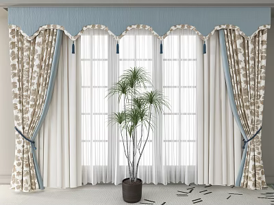 Elegant Curtains with Blue Gray Valance Beige Patterns White Sheer Panels and Tassel Accents 3d model