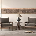 Pair of Modern Accent Chairs With Wooden Frame Gray Cushions Side Table Lamp Open Book