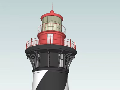 Red Top Lighthouse Tower With Black And White Stripes And Railing Design 3d model