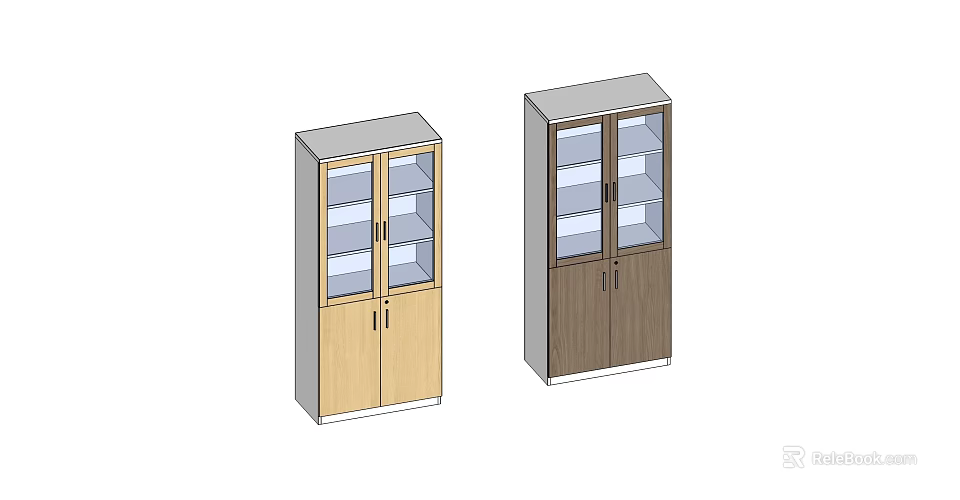 Light and Dark Wood Bookcases with Glass Doors and Multiple Internal Shelves 3d model 