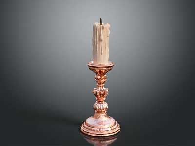 Vintage Brass Candlestick With Burned Candle And Intricate Decorative Base 3d model