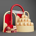 Decorative Photo Check In Spot Featuring Red Arch Golden Egg Tower And Gift Boxes