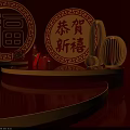 Red Background Golden Circular Display Stand With Lantern Shaped Decorations And Red Gift Boxes 3d model