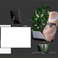 Modern White Reception Desk Furniture With Green Plant Computer Monitor And Brown Chair