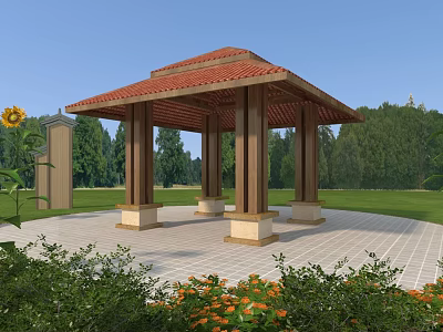 Traditional Pavilion With Red Tiled Roof Wooden Pillars Green Lawn And Flower Bushes 3d model