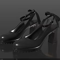 Black Leather High Heels With Block Heel Bow Detail And Ankle Strap