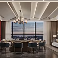 Elegant Private Dining Room Interior Design With Large Round Table Large Windows And City View 3d model