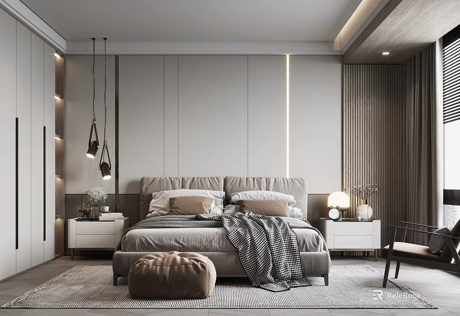 Modern Bedroom Interior Design With Bed Nightstands Table Lamps Rug Bean Bag Chair And Curtains 3d model 