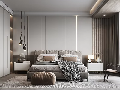 Modern Bedroom Interior Design With Bed Nightstands Table Lamps Rug Bean Bag Chair And Curtains 3d model