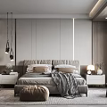 Modern Bedroom Interior Design With Bed Nightstands Table Lamps Rug Bean Bag Chair And Curtains
