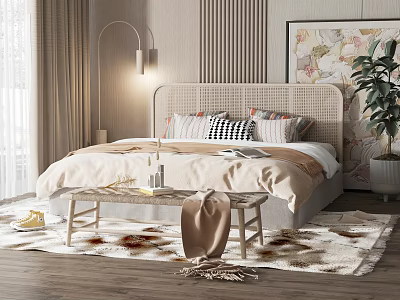 Cozy Double Bed With Rattan Headboard Plush Pillows Bench Patterned Rug And Potted Plant 3d model