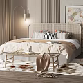 Cozy Double Bed With Rattan Headboard Plush Pillows Bench Patterned Rug And Potted Plant