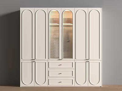 Modern White Wardrobe Design With Symmetric Paneled Doors And Glass Insert Drawer Storage 3d model