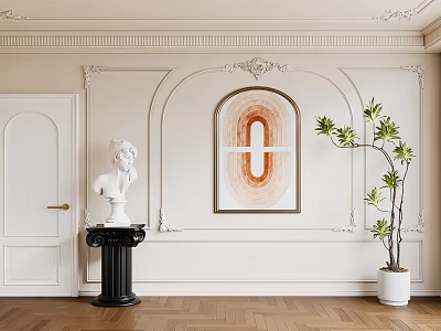 White Decorative Background Wall with Ornate Moldings Arch Framed Artwork Statue Plant and Wooden Floor 3d model