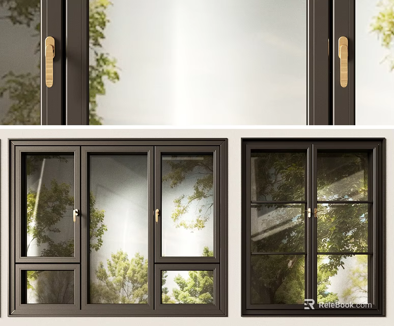 Modern Black Frame Casement Windows With Clear Glass And Green Trees Natural Light View 3d model 