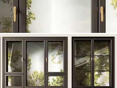 Modern Black Frame Casement Windows With Clear Glass And Green Trees Natural Light View 3d model