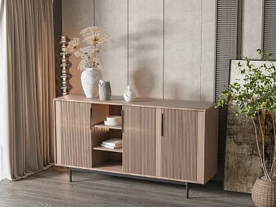Elegant Modern Entryway Console Cabinet With Vase Dried Flowers Books And Potted Plant 3d model