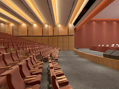 Spacious Conference Room With Red Seats Wooden Walls And Stage Setup 3d model