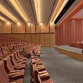 Spacious Conference Room With Red Seats Wooden Walls And Stage Setup