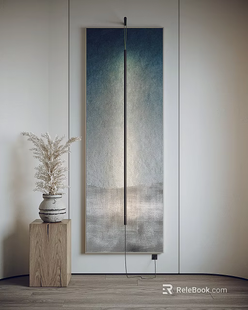Modern Interior With Blue Gray Vertical Painting Wooden Shelf And Dried Flower Vase 3d model 