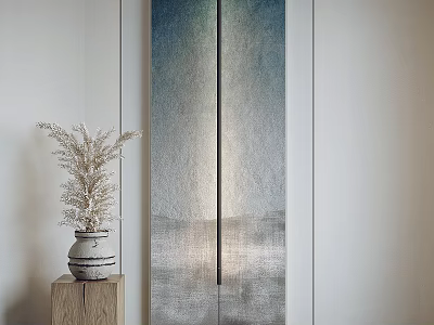 Modern Interior With Blue Gray Vertical Painting Wooden Shelf And Dried Flower Vase 3d model