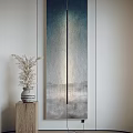 Modern Interior With Blue Gray Vertical Painting Wooden Shelf And Dried Flower Vase