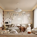 Playful Kids Room Interior With Cloud Decor Bunting Flags Stuffed Toys And Toy Cart