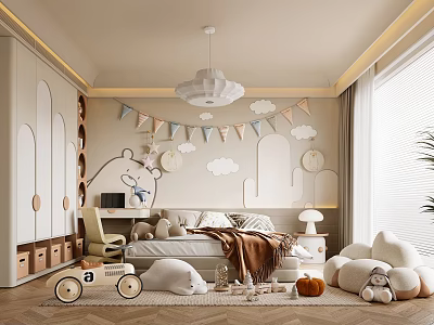 Playful Kids Room Interior With Cloud Decor Bunting Flags Stuffed Toys And Toy Cart 3d model