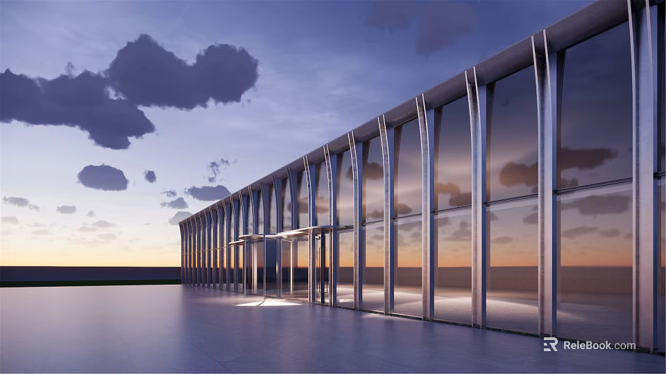 Modern Building With Glass Curtain Wall At Dusk Overlooking Sea View 3d model 