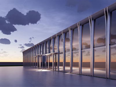 Modern Building With Glass Curtain Wall At Dusk Overlooking Sea View 3d model