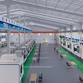 Industrial Factory Workshop With Neatly Arranged Machine Tools Equipment Long Tables Chairs On Green Floor