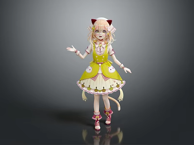 Cute Child With Cat Ears Tail In Yellow Dress Wearing Pink Shoes And White Decor 3d model