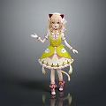 Cute Child With Cat Ears Tail In Yellow Dress Wearing Pink Shoes And White Decor