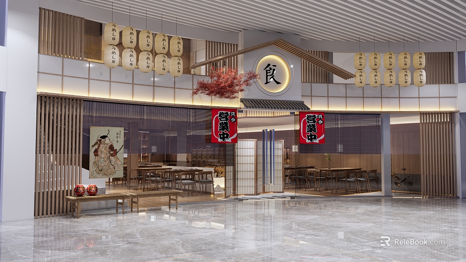 Japanese Style Mall Restaurant Shop With Wooden Decor Red Lanterns And Seating Area 3d model 