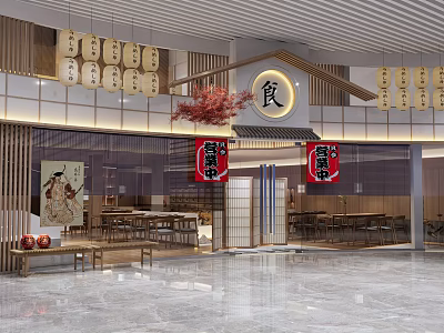 Japanese Style Mall Restaurant Shop With Wooden Decor Red Lanterns And Seating Area 3d model