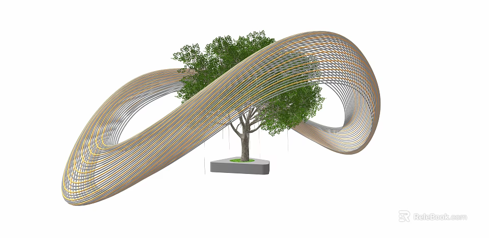 Modern Outdoor Pergola With Curved Wooden Structure And Central Tree 3d model 