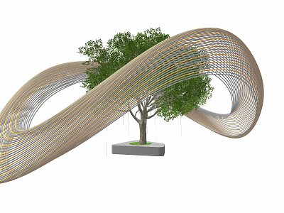 Modern Outdoor Pergola With Curved Wooden Structure And Central Tree 3d model