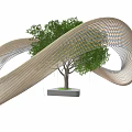 Modern Outdoor Pergola With Curved Wooden Structure And Central Tree
