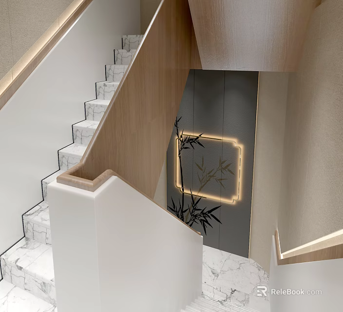 Modern Staircase With Marble Steps Wooden Handrail And Illuminated Bamboo Decorative Wall 3d model 
